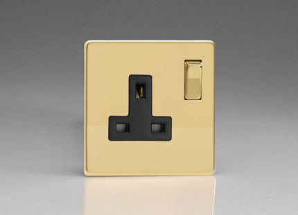 Varilight Flat Plate Screwless Polished Brass 1-Gang 13A Switched Plug Socket Black Insert