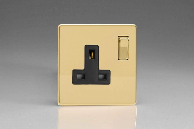 Varilight Flat Plate Screwless Polished Brass 1-Gang 13A Switched Plug Socket Black Insert