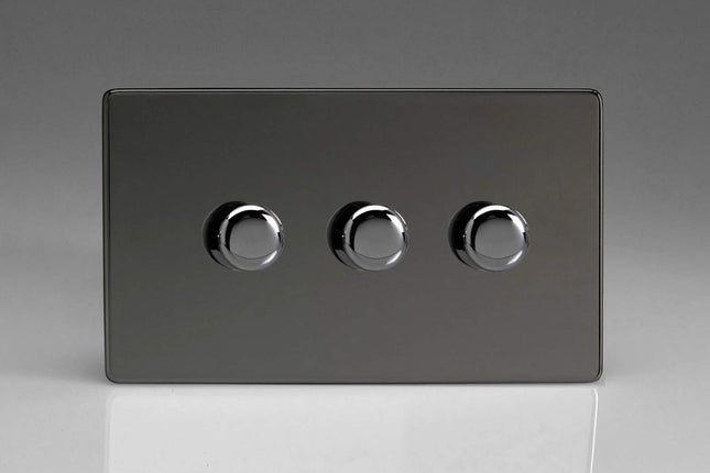 Varilight V-Pro Screwless lridium Black 3 Gang LED Trailing Edge Dimmer Switch 1 or 2 Way