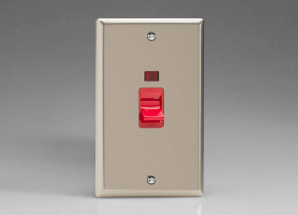Varilight 45A Cooker Switch + Neon (Vertical Twin Plate, Red Rocker) Satin Chrome XN45N