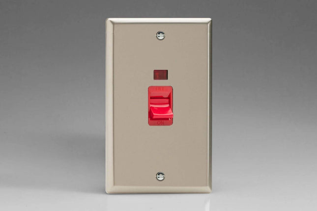 Varilight 45A Cooker Switch + Neon (Vertical Twin Plate, Red Rocker) Satin Chrome XN45N