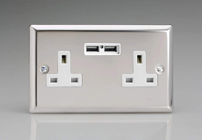Varilight XC5U2W 13A Socket 2-Gang With USB White Mirror Chrome