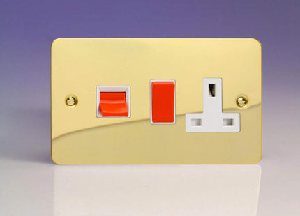 Varilight Ultra Flat Plate Polished Brass 45A Cooker Switch & 13A Plug Socket White Insert XFV45PW