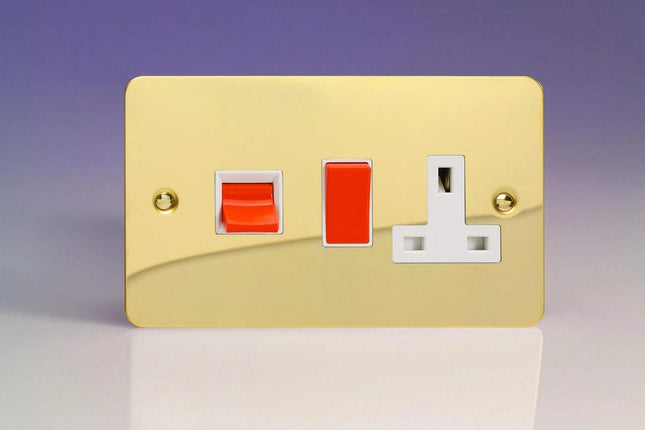 Varilight Ultra Flat Plate Polished Brass 45A Cooker Switch & 13A Plug Socket White Insert XFV45PW