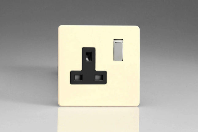 Varilight Primed Ready to Paint Flat Plate Screwless 1-Gang 13 Amp Switched Plug Socket Black Inserts