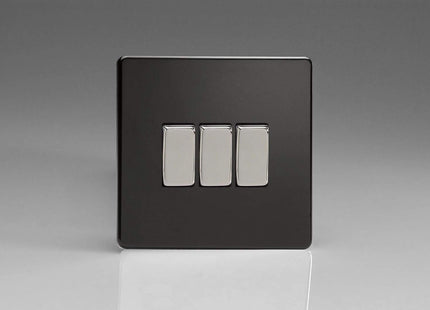 Varilight Screwless Premium Black 3 Gang 10A 1 Or 2 Way Rocker Switch Decorative