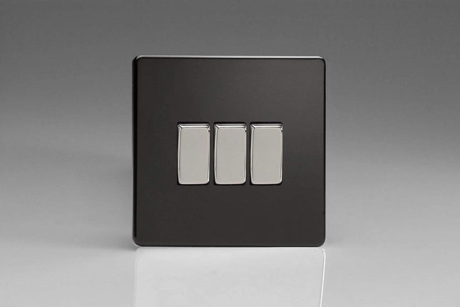 Varilight Screwless Premium Black 3 Gang 10A 1 Or 2 Way Rocker Switch Decorative