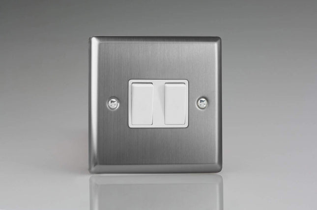 Varilight XT71W Classic Brushed Steel 2-Gang 10A Rocker Light Switch (1 x Intermediate 1 x 2W)