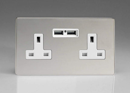 Varilight 2-Gang, 13 Amp Unswitched Socket with 2 Optimised USB Charging Ports, White Insert, Screwless Polished Chrome