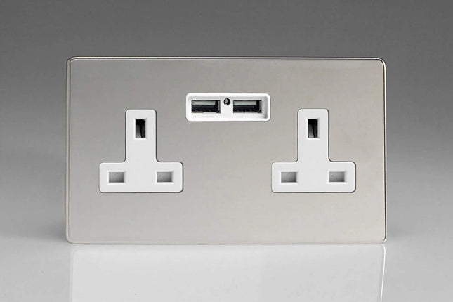 Varilight 2-Gang, 13 Amp Unswitched Socket with 2 Optimised USB Charging Ports, White Insert, Screwless Polished Chrome