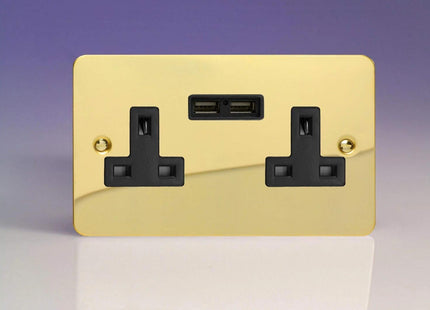 Varilight 2-Gang 13A Unswitched Plug Socket + 2 5V DC 2100mA USB Charging Ports Polished Brass XFV5U2B