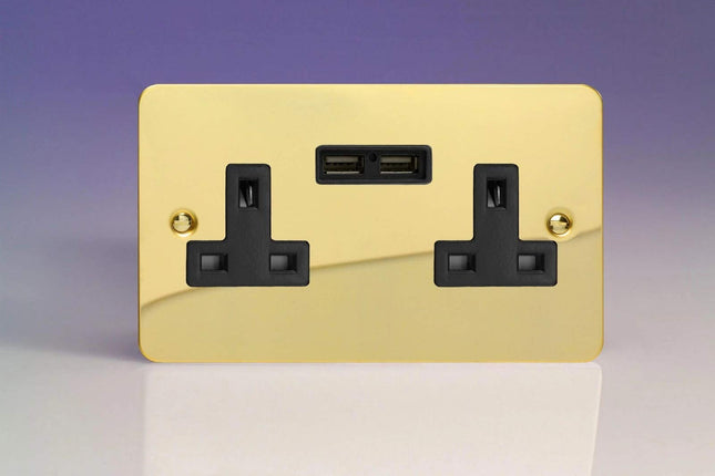 Varilight 2-Gang 13A Unswitched Plug Socket + 2 5V DC 2100mA USB Charging Ports Polished Brass XFV5U2B