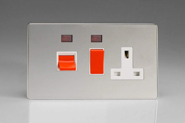 Varilight 45A Cooker Panel + Neon with 13A Double Pole Switched Plug Socket Outlet (Red Rocker) Polished Chrome XDC45PNWS