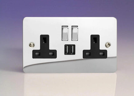 Varilight Ultra Flat Polished Chrome 2-Gang 13 Amp Socket + 2x USB Charging Port Black Inserts