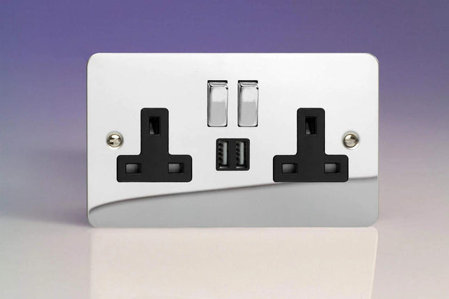 Varilight Ultra Flat Polished Chrome 2-Gang 13 Amp Socket + 2x USB Charging Port Black Inserts