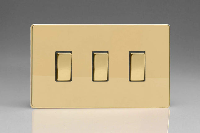Varilight 3-Gang 10A 1- or 2-Way Rocker Light Switch (Twin Plate) Polished Brass XDV93S