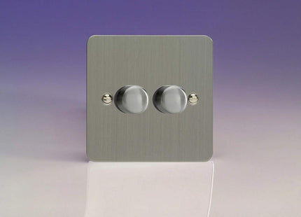 Varilight Ultraflat Brushed Steel 2-Gang 2-Way Push-On Push-Off Dimmer 2-Gang 2-Way Push-On/Off Rotary LED Dimmer 2 x 0-120W (1-10 LEDs)