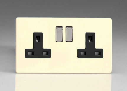 Varilight Primed Ready to Paint Flat Plate Screwless 2-Gang 13 Amp Switched Plug Socket Black Inserts XDY5BS.PD