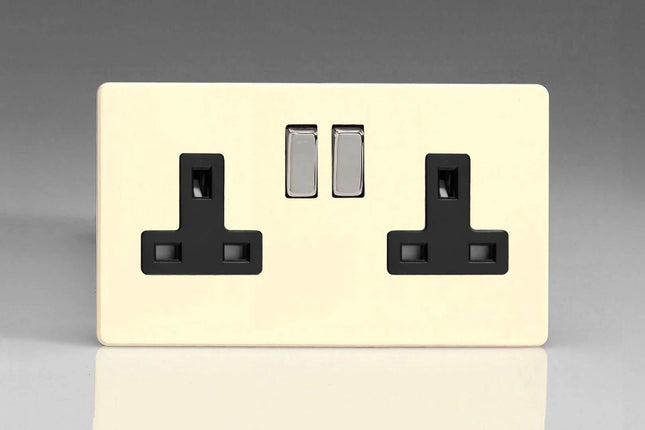 Varilight Primed Ready to Paint Flat Plate Screwless 2-Gang 13 Amp Switched Plug Socket Black Inserts XDY5BS.PD