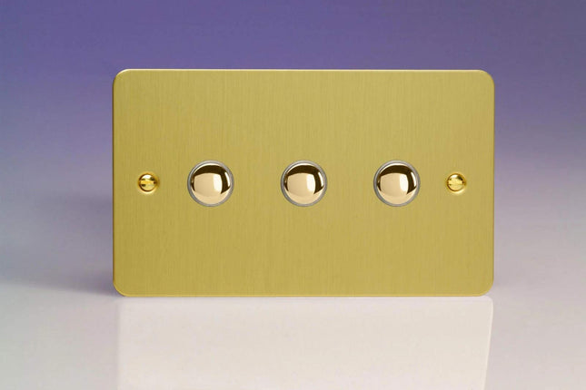 Varilight 3-Gang 6A 1- or 2-Way Push-On/Off Impulse Switch (Twin Plate) Brushed Brass XFBP3