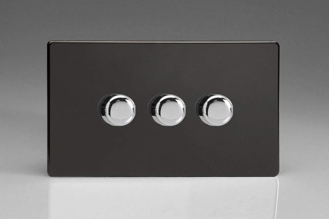 Varilight Screwless Plastic Jet Black 3 Gang LED Trailing Edge Dimmer Switch 1 or 2 Way