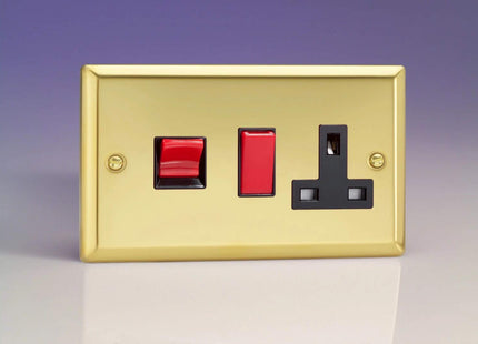 Varilight 45A Cooker Panel with 13A Double Pole Switched Plug Socket Outlet (Red Rocker) Victorian Brass XV45PB