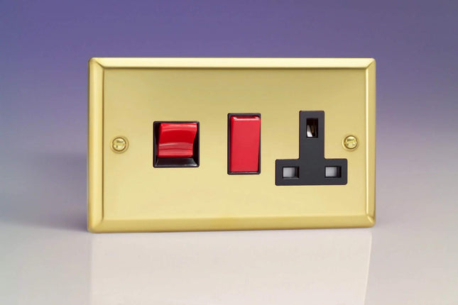 Varilight 45A Cooker Panel with 13A Double Pole Switched Plug Socket Outlet (Red Rocker) Victorian Brass XV45PB