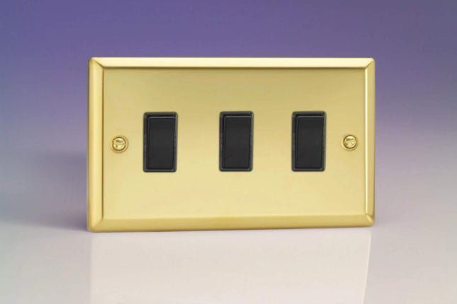 Varilight 3-Gang 10A 1- or 2-Way Rocker Light Switch (Twin Plate) Victorian Brass XV93B