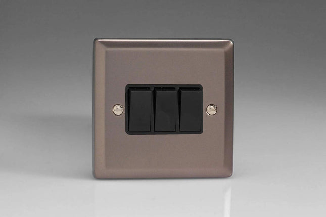Varilight 3-Gang 10A 1- or 2-Way Rocker Light Switch Pewter XR3B
