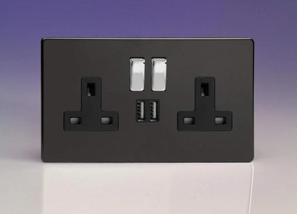 Varilight Flat Plate Screwless Jet Black 2-Gang 13 Amp Socket + 2x USB Charging Port Black Inserts