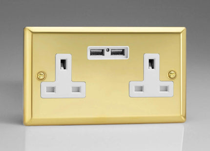 Varilight 2-Gang, 13 Amp Unswitched Socket with 2 Optimised USB Charging Ports, White Insert. Classic Victorian Polished Brass Effect