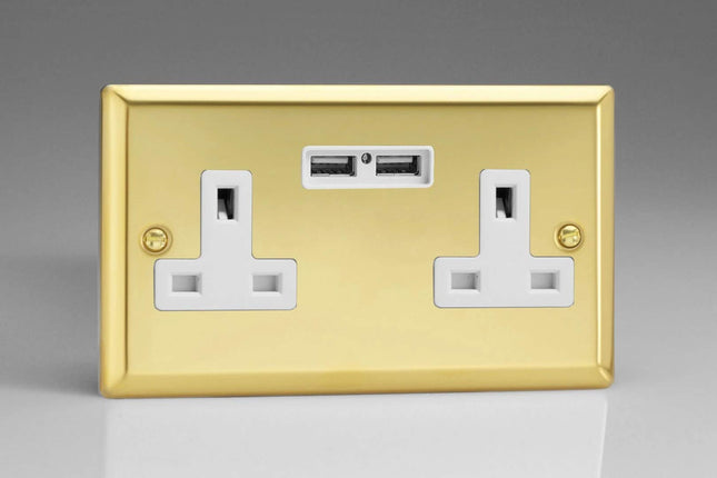 Varilight 2-Gang, 13 Amp Unswitched Socket with 2 Optimised USB Charging Ports, White Insert. Classic Victorian Polished Brass Effect