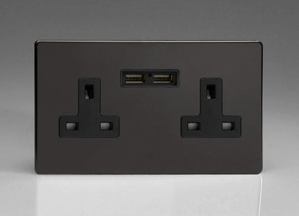 Varilight 2-Gang, 13 Amp Unswitched Socket with 2 Optimised USB Charging Ports, Black Insert. Dimension Screwless Premium Black