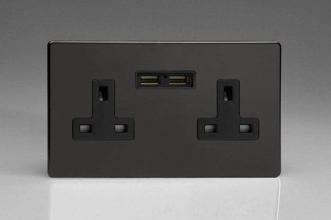 Varilight 2-Gang, 13 Amp Unswitched Socket with 2 Optimised USB Charging Ports, Black Insert. Dimension Screwless Premium Black