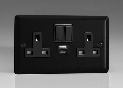 Varilight Urban Matt Black 2-Gang 13A Single Pole Switched Socket with 1x USB A & 1x USB C Charging Ports