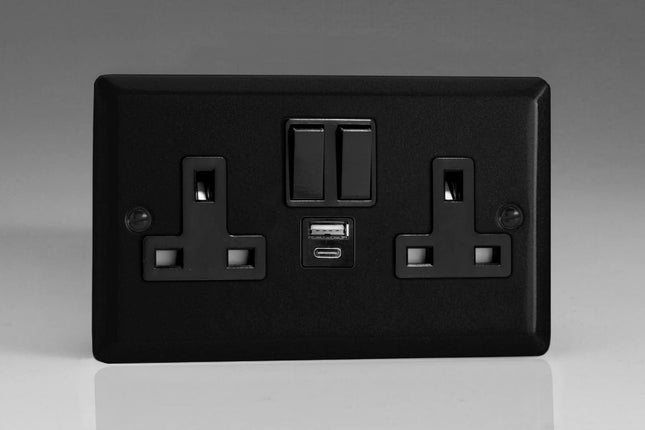 Varilight Urban Matt Black 2-Gang 13A Single Pole Switched Socket with 1x USB A & 1x USB C Charging Ports