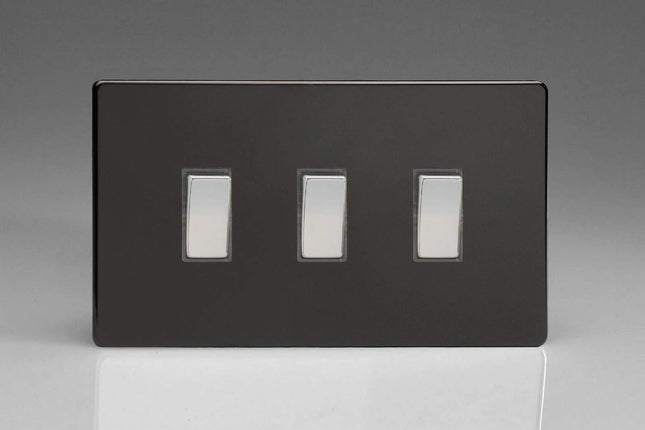 Varilight 3-Gang 10A 1- or 2-Way Rocker Light Switch (Twin Plate) Premium Black XDL93S