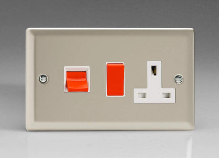 Varilight Classic Satin Chrome 45 Amp Cooker Switch & 13 Amp Switched Plug Socket White Inserts XN45PW