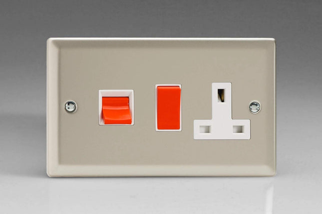 Varilight Classic Satin Chrome 45 Amp Cooker Switch & 13 Amp Switched Plug Socket White Inserts XN45PW