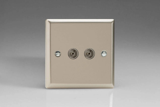 Varilight 2-Gang TV Plug Socket, Co-Axial Satin Chrome XN88