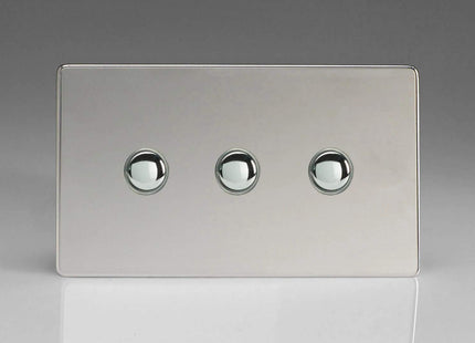 Varilight 3-Gang 6A 1- or 2-Way Push-On/Off Impulse Switch (Twin Plate) Polished Chrome XDCP3S