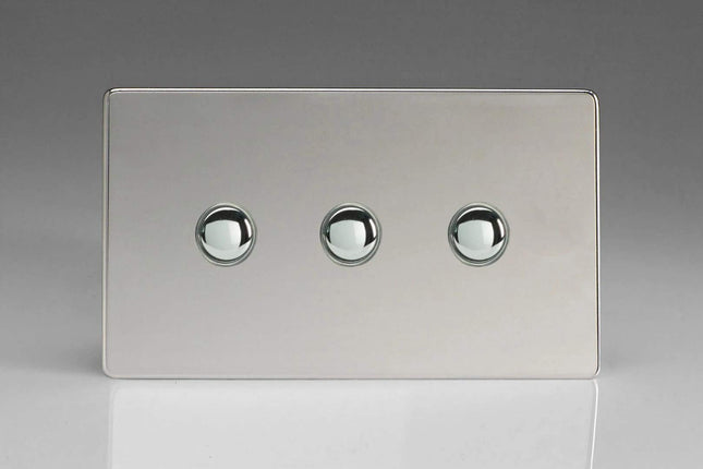 Varilight 3-Gang 6A 1- or 2-Way Push-On/Off Impulse Switch (Twin Plate) Polished Chrome XDCP3S