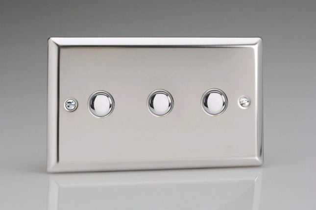 Varilight 3-Gang 6A 1- or 2-Way Push-On/Off Impulse Switch (Twin Plate) Mirror Chrome XCP3