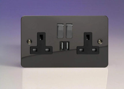 Varilight Ultra Flat Iridium Black 2-Gang 13 Amp Socket + 2x USB Charging Port Black Inserts