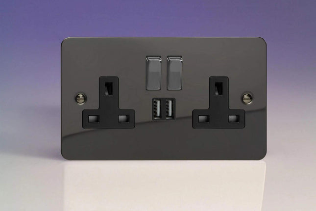 Varilight Ultra Flat Iridium Black 2-Gang 13 Amp Socket + 2x USB Charging Port Black Inserts