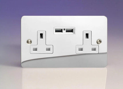 Varilight 2-Gang 13A Unswitched Plug Socket + 2 5V DC 2100mA USB Charging Ports Polished Chrome XFC5U2W