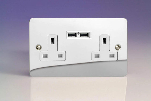 Varilight 2-Gang 13A Unswitched Plug Socket + 2 5V DC 2100mA USB Charging Ports Polished Chrome XFC5U2W