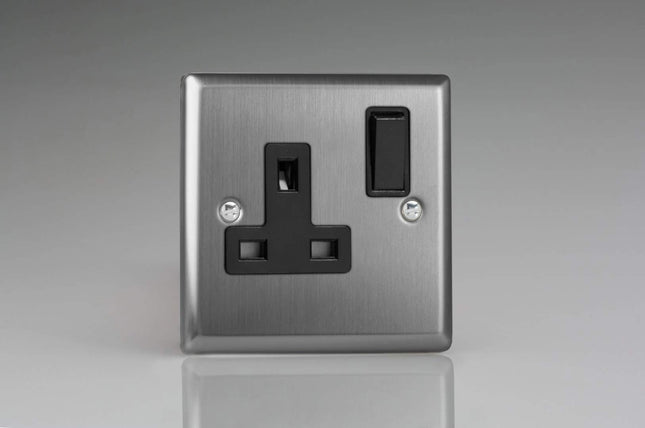 Varilight XT4B 13A Switched Socket Brushed Steel Black 1-Gang