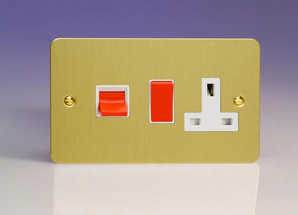 Varilight Ultra Flat Plate Brushed Brass 45A Cooker Switch & 13A Plug Socket White Insert XFB45PW