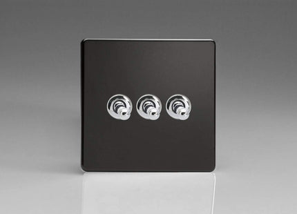 Varilight 3 Gang 2 Way 10 Amp Toggle Light Switch Flat Plate Screwless Jet Black Finished Plate XDLT3S